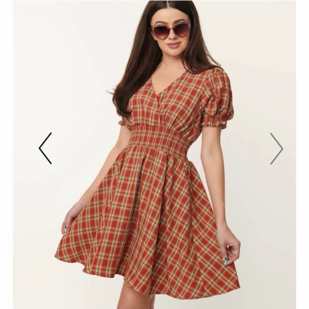 NEW Unique Vintage Rust Red & Green Plaid Smoked Flare Dress